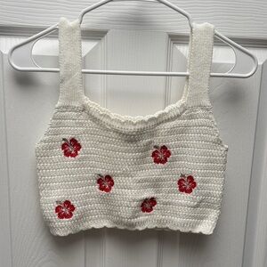 Wild Fable White Knit Top with Red Floral Accent
